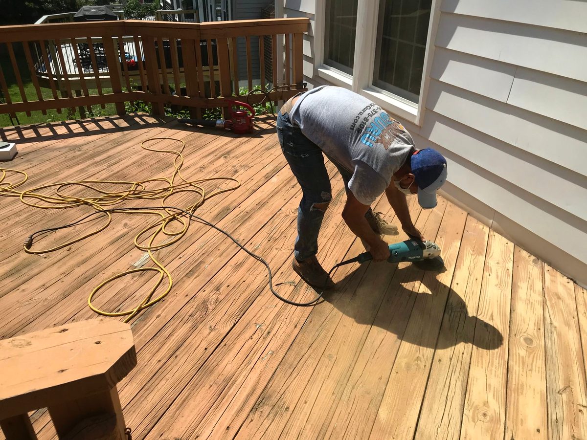 Deck after restoration: sanded, richly stained and sealed