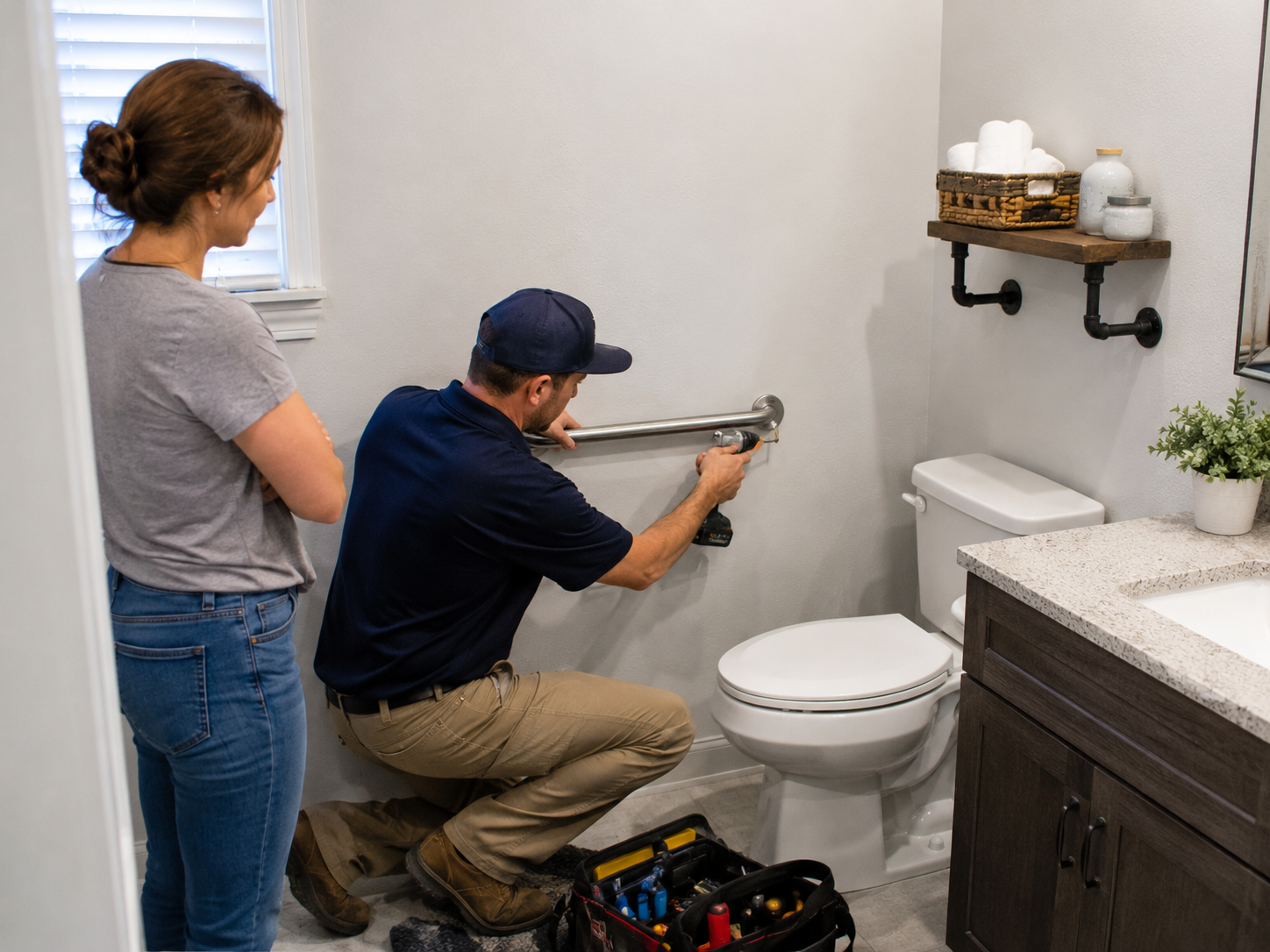 Grab bar installation in bathroom